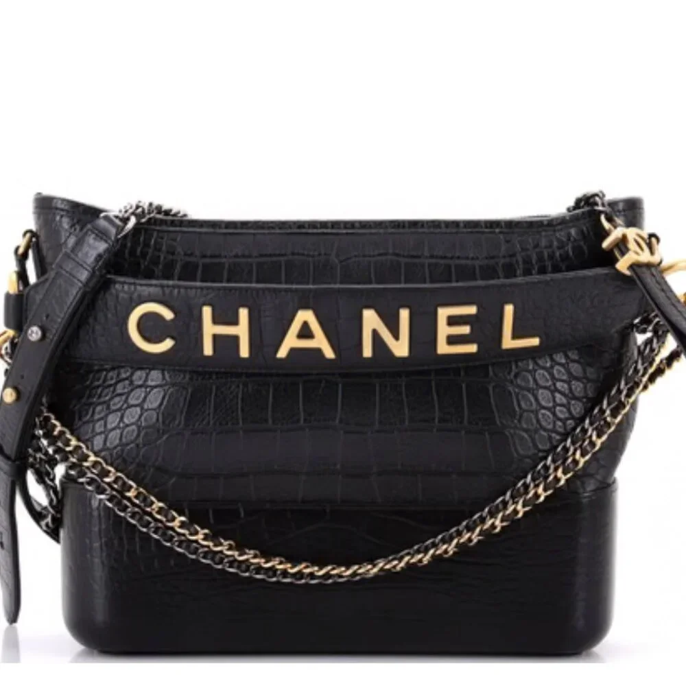 CHANEL RARE Gabrielle Hobo w/ Logo Handle Crocodile Embossed Calfskin Medium Bag